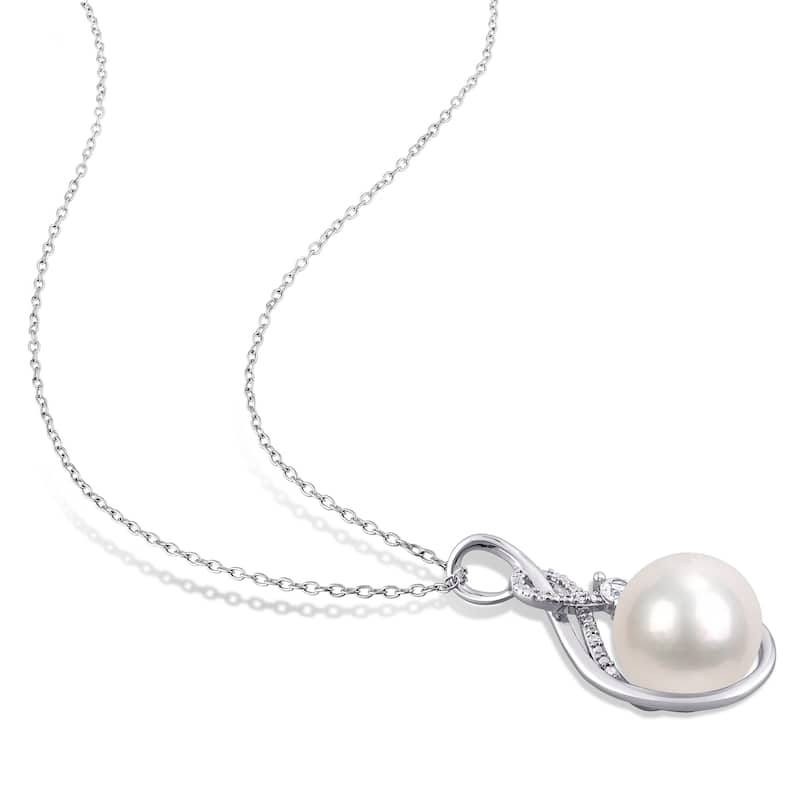 Miadora Sterling Silver Cultured FW Pearl, Diamond & Created White Sapphire Drop Necklace (11-12 MM)