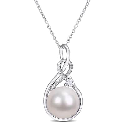 Miadora Sterling Silver Cultured FW Pearl, Diamond & Created White Sapphire Drop Necklace (11-12 MM)