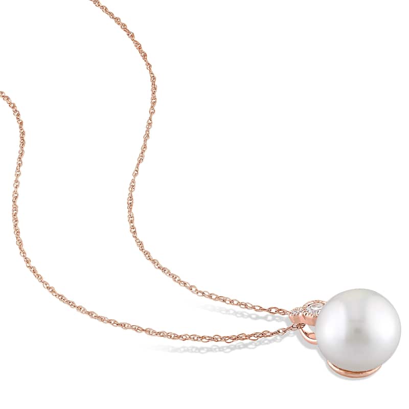 Miadora 10k Rose Gold Cultured FW Pearl, White Sapphire & 1/10ct TDW Diamond Necklace (9.5-10 MM)