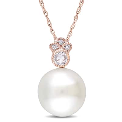 Miadora 10k Rose Gold Cultured FW Pearl, White Sapphire & 1/10ct TDW Diamond Necklace (9.5-10 MM)