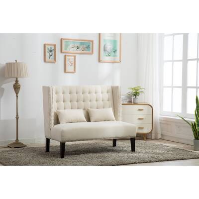 Itero Upholstered Settee Bench with Nailheads and Pillows