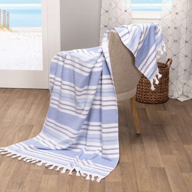 Superior Poppy Stripe Fouta Beach Towel with Tassels - Royal Blue