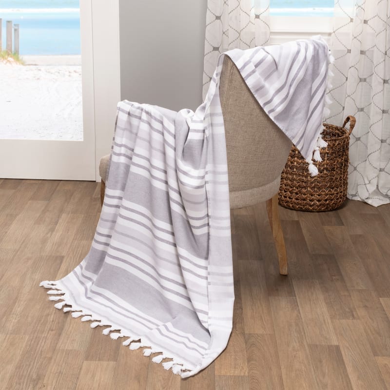 Superior Poppy Stripe Fouta Beach Towel with Tassels - Grey