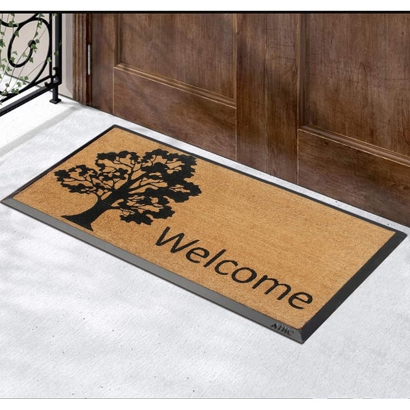 A1HC Designer Hand-Crafted Rubber Coir Molded Double/Single Welcome Doormat, Black - 24"X48"