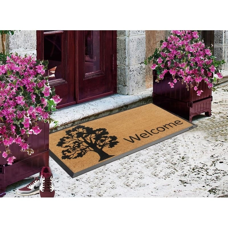 A1HC Designer Hand-Crafted Rubber Coir Molded Double/Single Welcome Doormat, Black - 24"X48"
