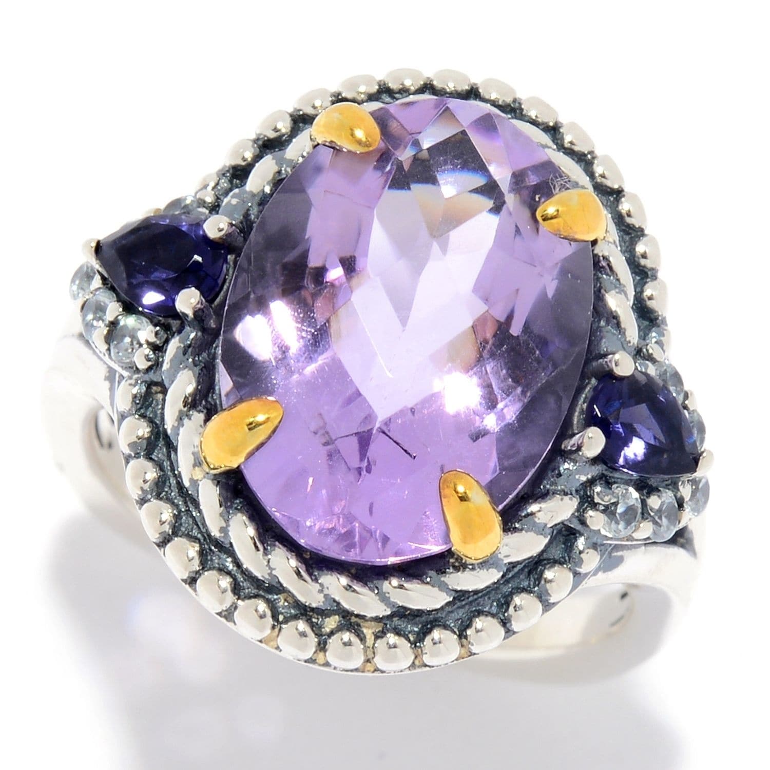 Pinctore 925 Sterling Silver Pink Amethyst and White Natural Zircon Ring
