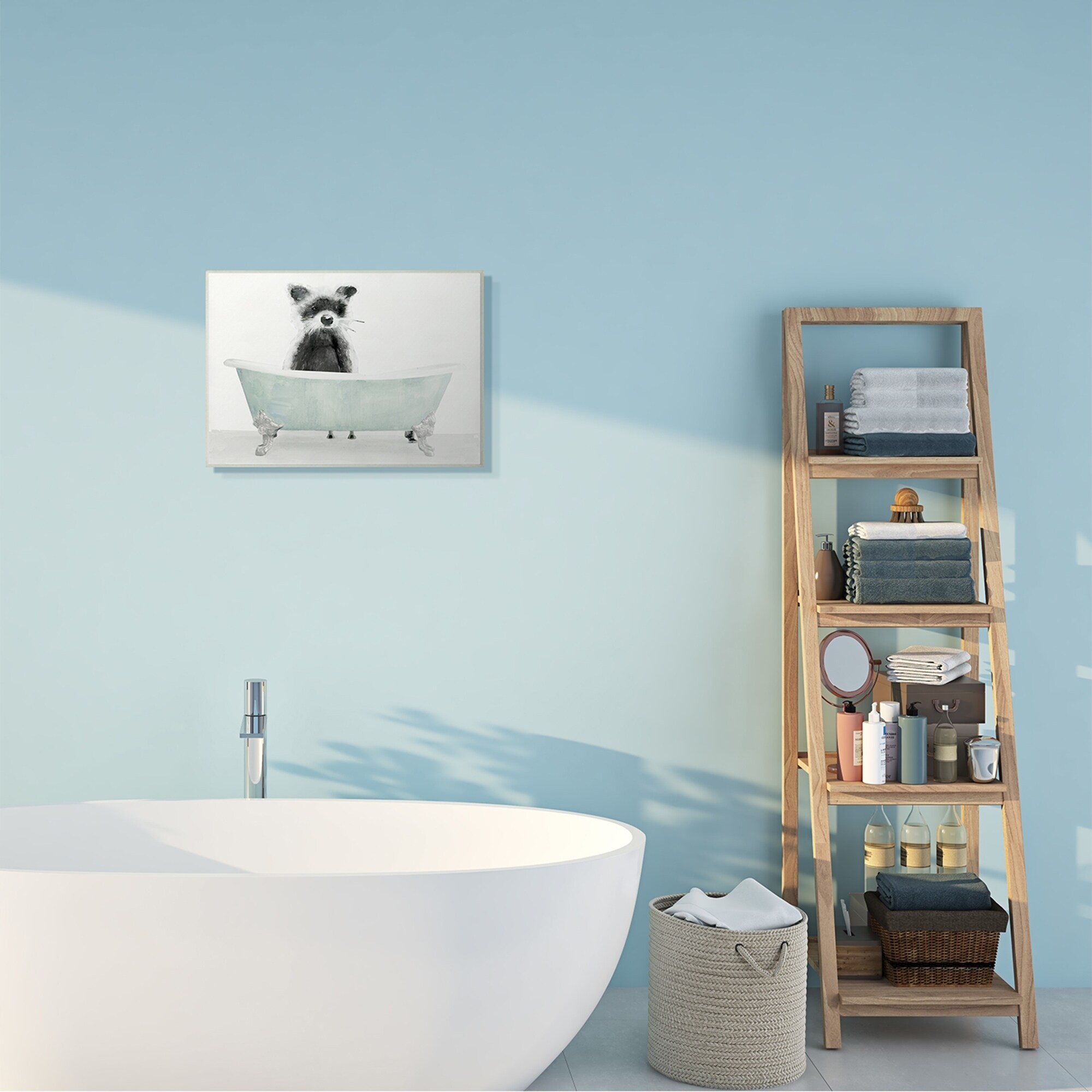 Shop Black Friday Deals On Stupell Industries Raccoon In A Tub Funny Animal Bathroom Drawing 10 X 15 Wood Wall Art Overstock 31002014