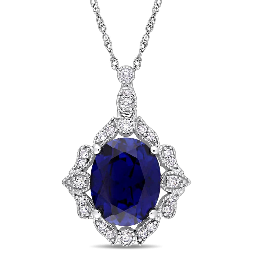 Miadora 10k White Gold Created Blue Sapphire & 1/6ct Diamond Oval Halo Vintage Necklace