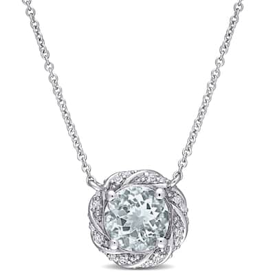 Miadora 10k White Gold Aquamarine and 1/8ct TDW Diamond Swirl Halo Station Necklace