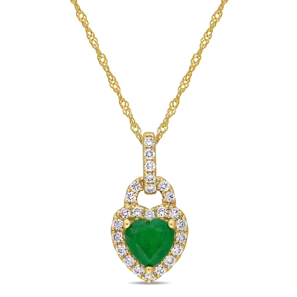 Miadora 14k Yellow Gold Emerald & 1/4ct TDW Diamond Halo Heart Necklace