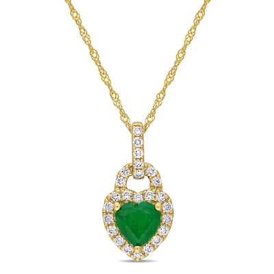 Miadora 14k Yellow Gold Emerald & 1/4ct TDW Diamond Halo Heart Necklace