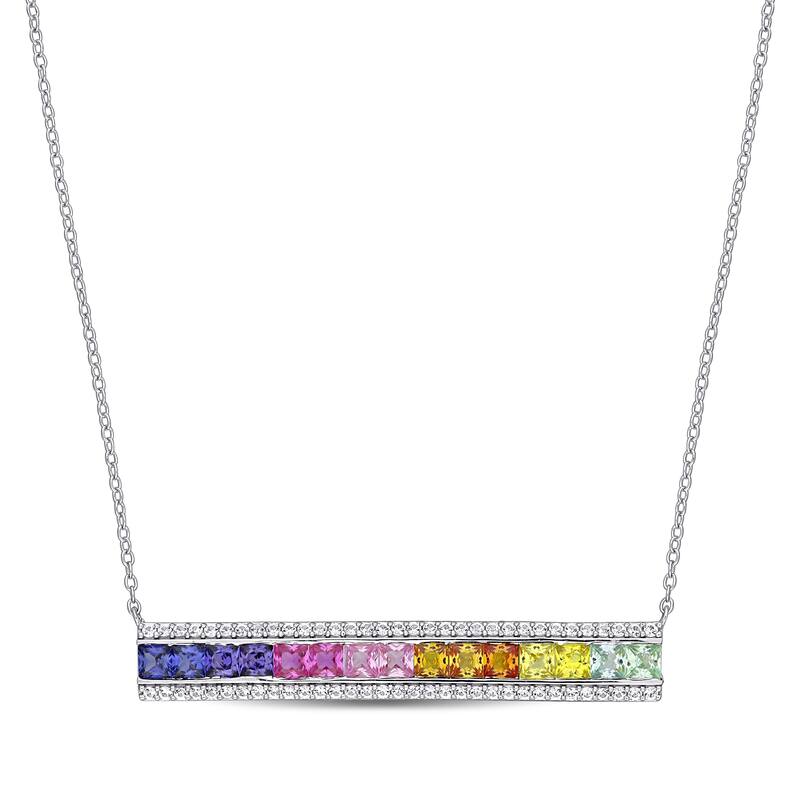 Miadora Sterling Silver Multi-color Created Sapphire Station Bar Necklace