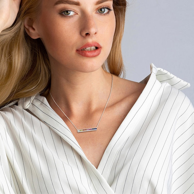 Miadora Sterling Silver Multi-color Created Sapphire Station Bar Necklace