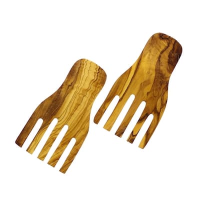 French Home Olive Wood Paid of Salad Hands, 7-inch x 4-inch - Brown