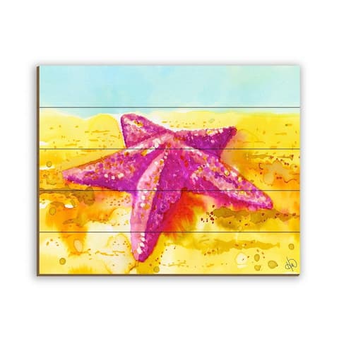 Kathy Ireland Beached Starfish in Pink on Yellow Nautical on Planked Wood Wall Art Print