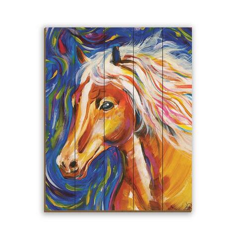 Kathy Ireland Swirling Dreamhorse on Blue Abstract on Planked Wood Wall Art Print