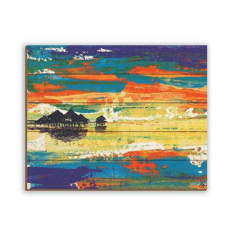 Kathy Ireland Bright Bora Bora Abstract Seascape on Planked Wood Wall Art Print