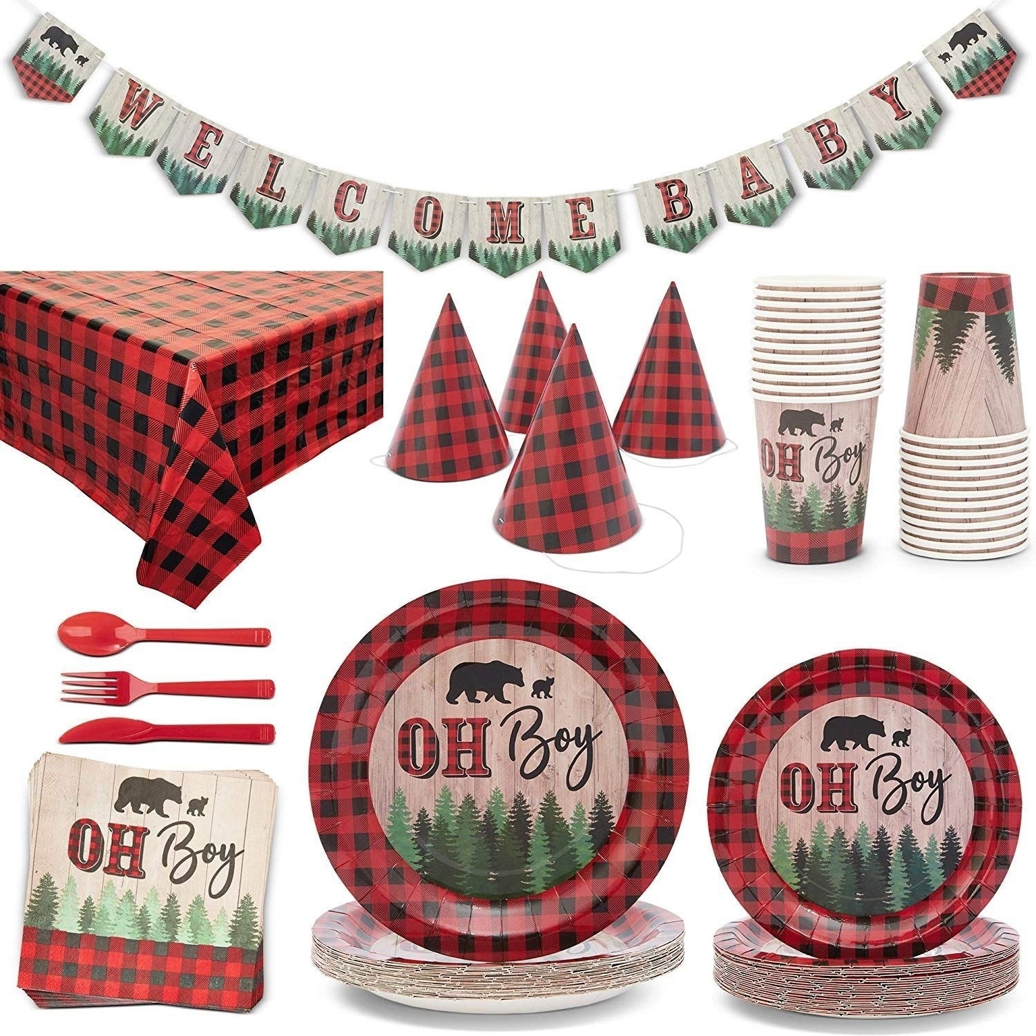 Sparkle and Bash 16 Pack Oh Boy Buffalo Plaid Plastic Cups for