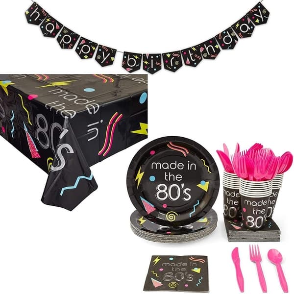 225 Pieces Glow Neon Party Supplies - Neon Balloon, Glow in the Dark  Birthday Banner, Garlands, Cake Topper, Tablecloth, Plates, Napkins and Cup  for