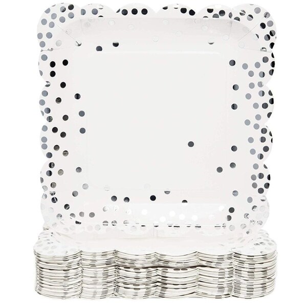 white and silver paper plates