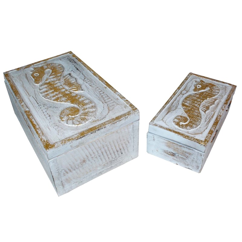 The Curated Nomad Bali Sweet Seahorses 2-piece Wooden Box Set - Nautical & Coastal - Decorative Boxes - All Seasons - Antique - White - Handmade - Wood - Assembled