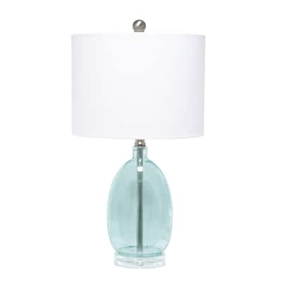 Lalia Home Oval Glass Table Lamp with White Drum Shade, Clear Blue