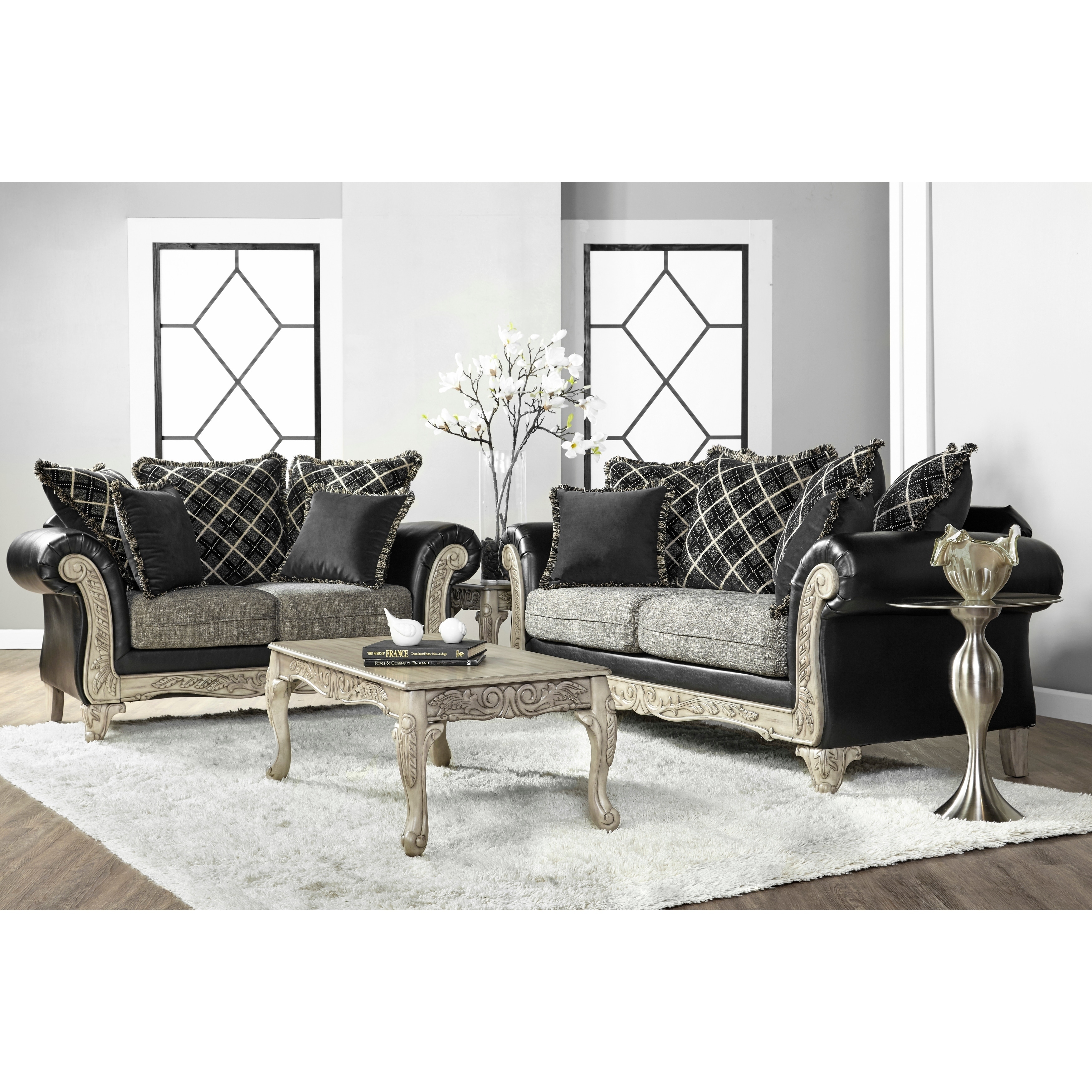 San Marino 2 Tone Fabric Wooden Frame Sofa And Loveseat With 3 Tables Set In Ebony On Sale Overstock 31028687