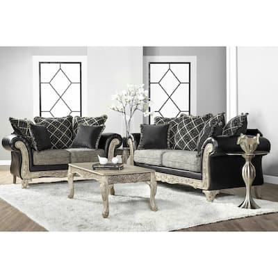 Roundhill Furniture San Marino 2-Tone Fabric Wooden Frame Sofa and Loveseat with 3 Tables Set in Ebony