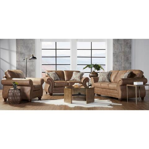 Roundhill Furniture Leinster Fabric 3-Piece Sofa Set with Antique Bronze Nailheads in Jetson Ginger