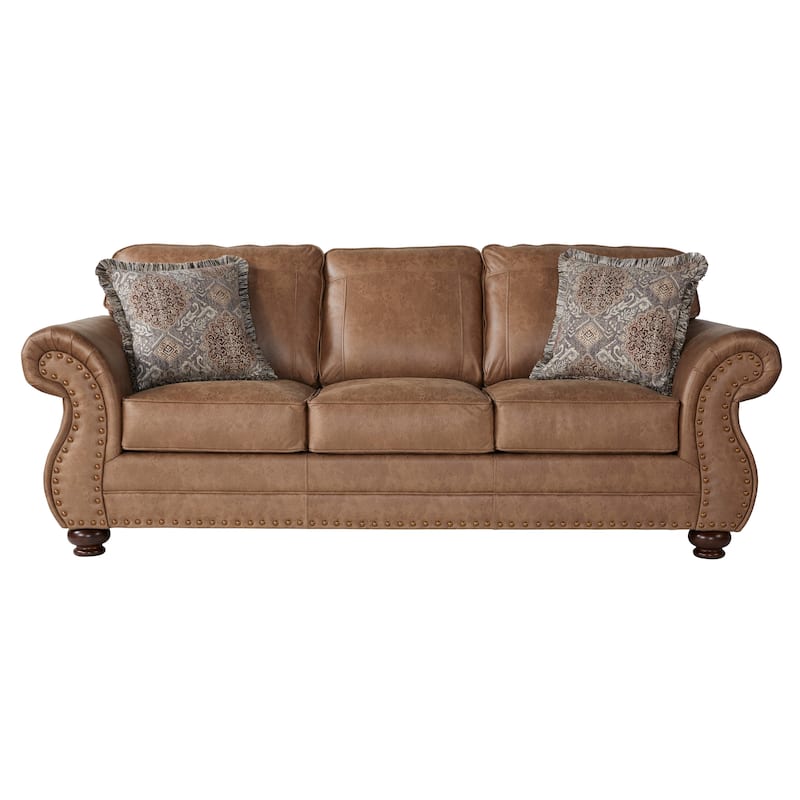 Roundhill Furniture Leinster Fabric Sofa with Antique Bronze Nailheads in Jetson Ginger