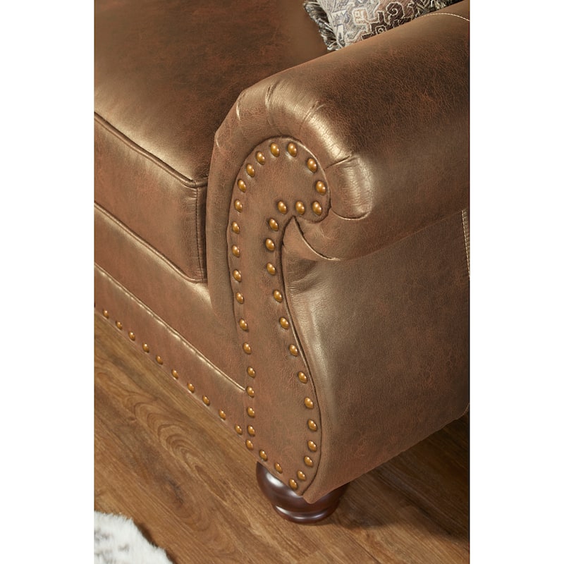 Roundhill Furniture Leinster Fabric Loveseat with Antique Bronze Nailheads in Jetson Ginger