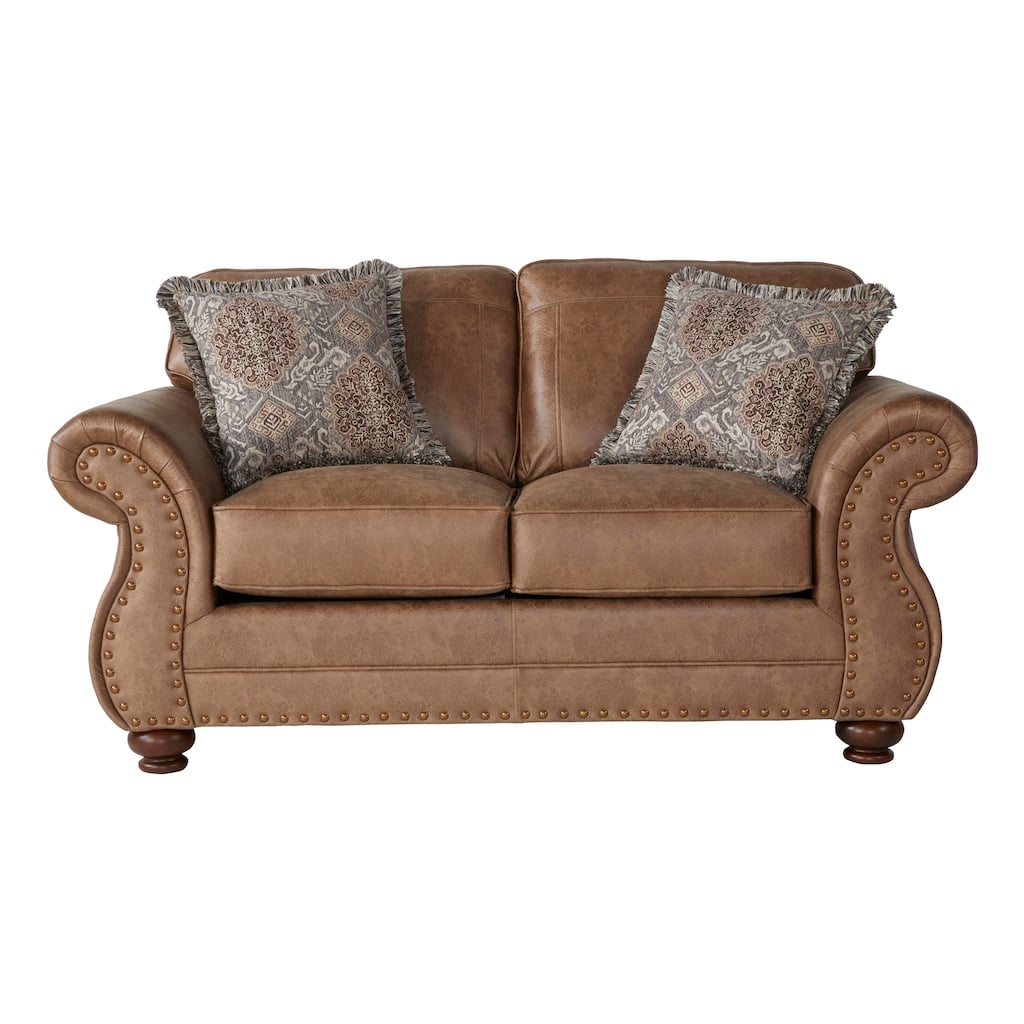 Roundhill Furniture Leinster Fabric Loveseat with Antique Bronze Nailheads in Jetson Ginger
