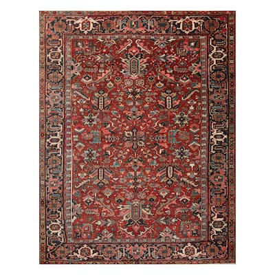 Antique Heriz Hand Knotted Orangy Red, Ivory Wool Persian Oriental Area Rug (8x10) - 07' 06'' x 10' 03''