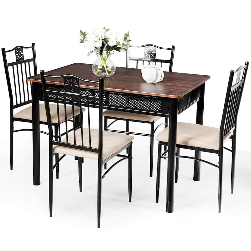 5 Piece Dining Set Wood Metal Table and Chairs Kitchen Furniture - as pic