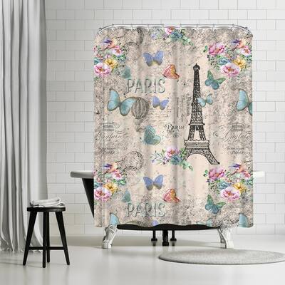 Vintage Typography Paris And Eiffeltower In Pink High - Shower Curtain
