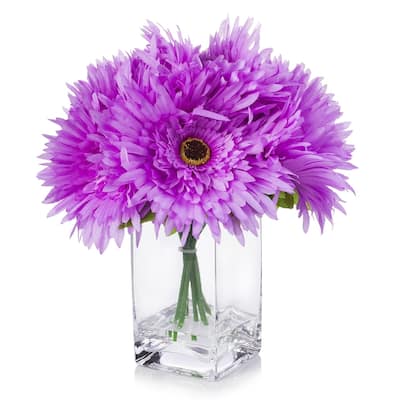 Enova Home Artificial Purple Fake Silk Daisy Flowers Arrangement in Clear Glass Vase with Faux Water for Home Wedding Decor