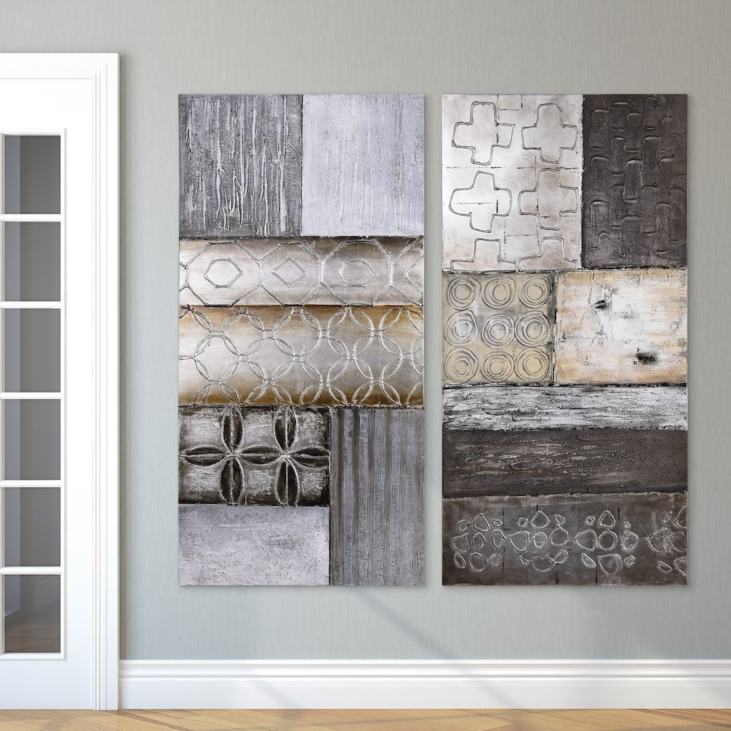 "Stacked" Abstract Textured Metallic Hand Painted Wall Art Set of 2