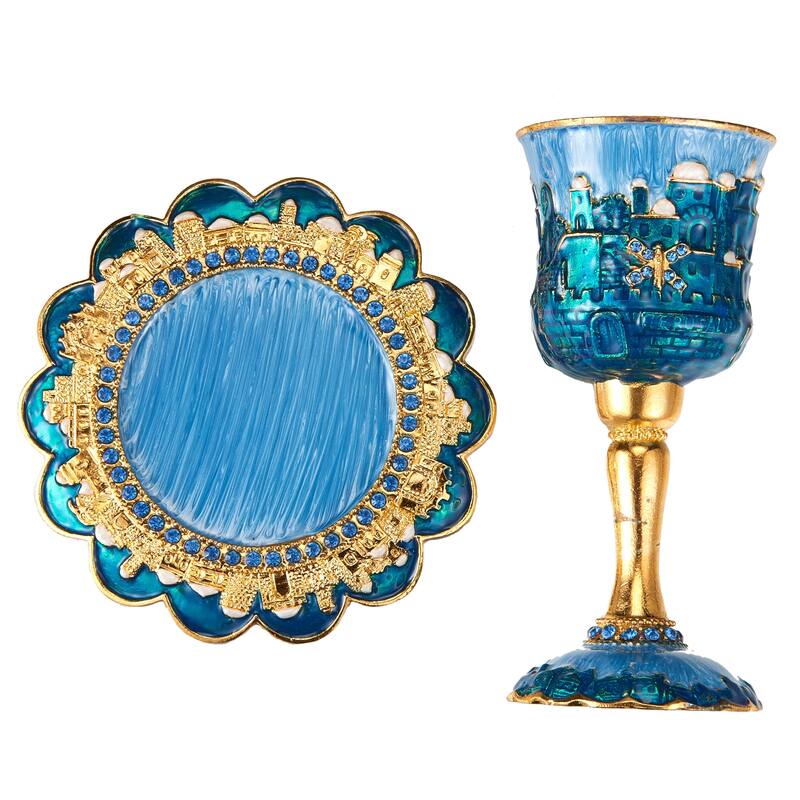 Tall 5" Kiddush CupSet w/Stem & Tray Embellished w/Crystals