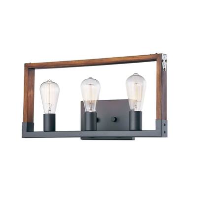 RUSTIC WOOD IN BURNT BROWN COLOR 3-LIGHT WALL LIGHT/ NO BULBS 19 7/8" W x 10" H - BURNT BROWN