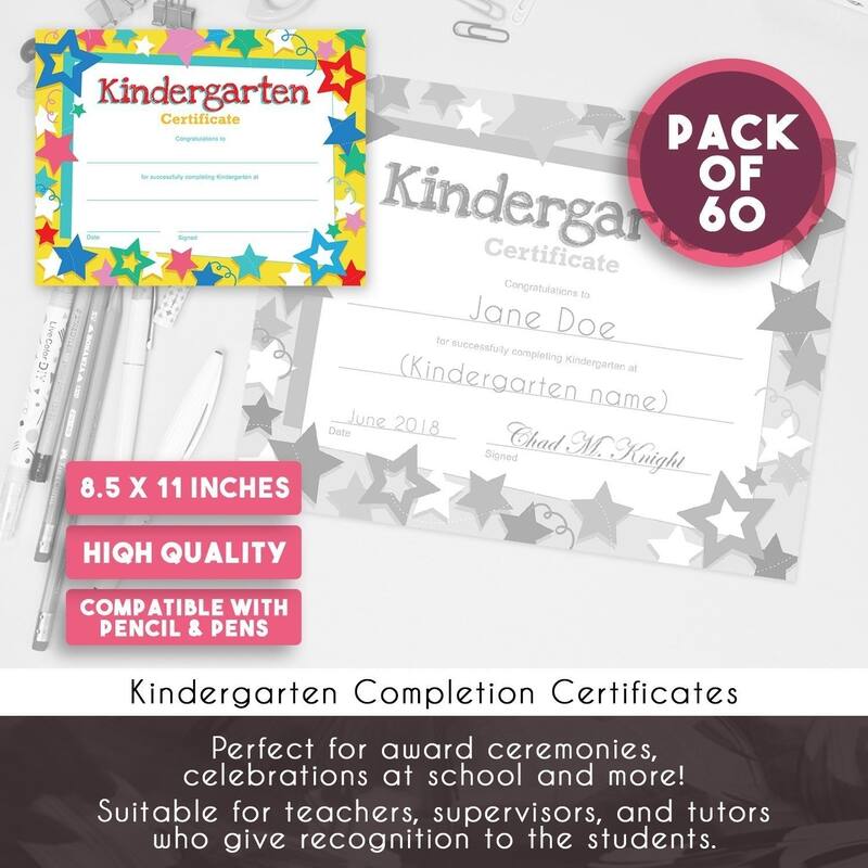 60Pack Kindergarten Diplomas, Completion Certificate Paper Ideal for