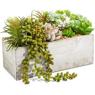 Artificial Mixed Succulent Plants in Rectangular Wooden Planter Box 9 x 4 x 5 in - 9 x 4 x 5 in
