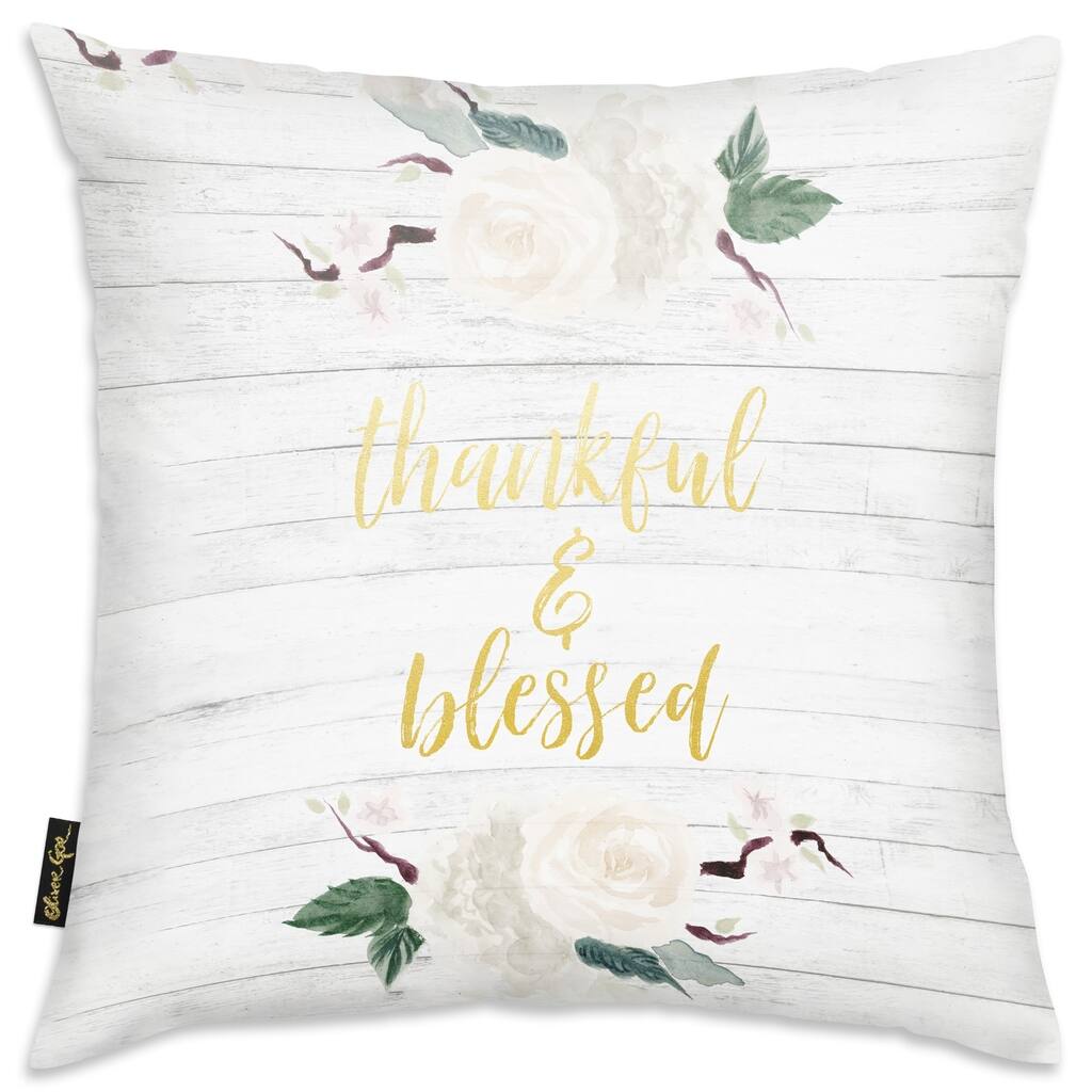 Oliver Gal 'Thankful and Blessed Square' Typography Decorative Throw Pillow Inspirational Quotes and Sayings - Gold, Gray