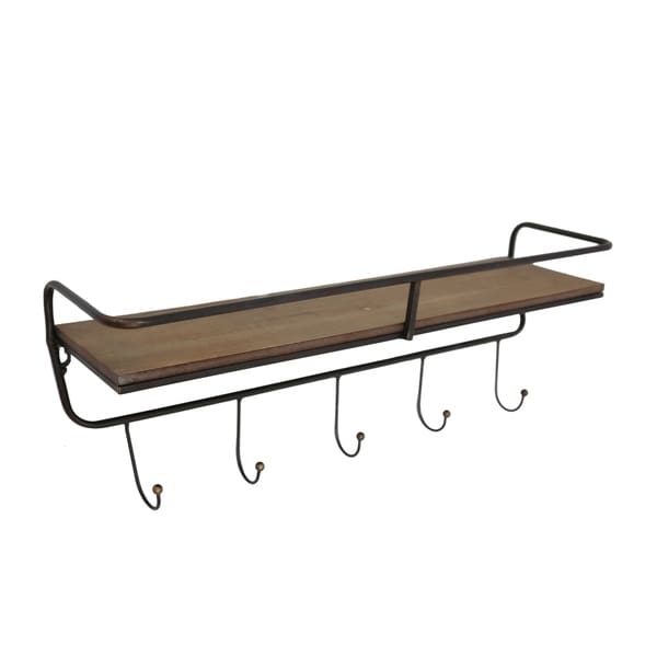 Metal/ Wood, 24.25" 5 Hook Wall Shelf/ Brown - Overstock - 31047986