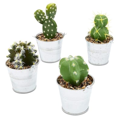 4 Pack Artificial Succulents, 4.7 to 6.5 inches Green Fake Cactus Plants with Iron Bucket - 4.7 to 6.5 inches