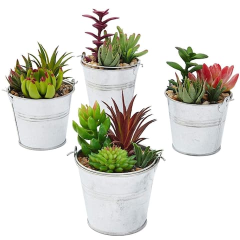4 Pack Artificial Succulents, 6.5 inch Colorful Cactus Plants with Iron Bucket - 6.5 inch