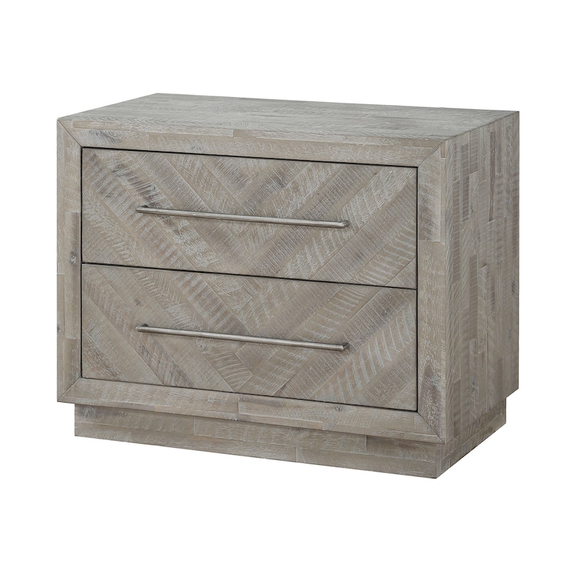 Wooden Nightstand with Inlaid Pattern and 2 Drawers, Weathered Brown