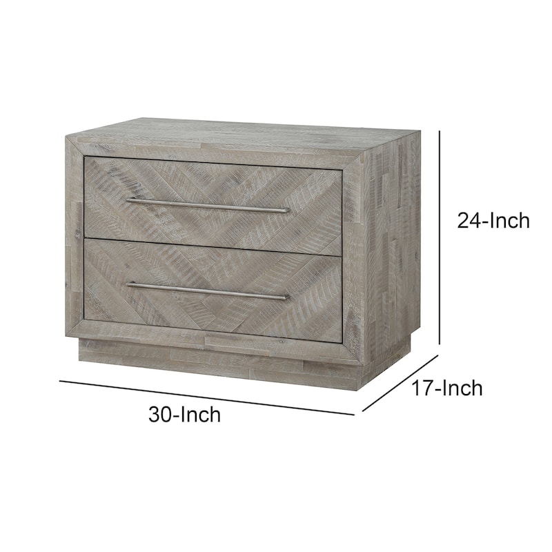 Wooden Nightstand with Inlaid Pattern and 2 Drawers, Weathered Brown
