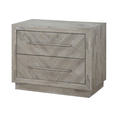 Wooden Nightstand with Inlaid Pattern and 2 Drawers, Weathered Brown