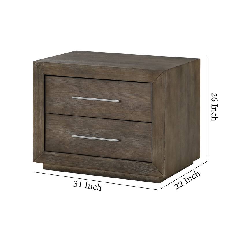 2 Drawer Wooden Nightstand with Metal Bar Handles, Dark Pine