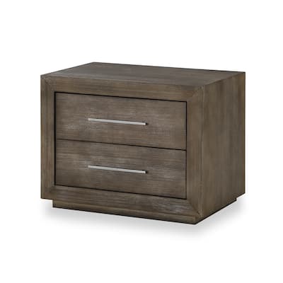 2 Drawer Wooden Nightstand with Metal Bar Handles, Dark Pine